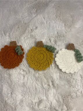 Handmade Crochet Pumpkin Coasters - Set of 4(Rust, Mustard, Ivory)